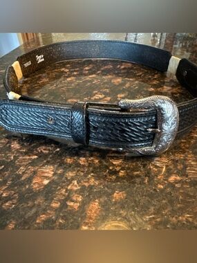 Vintage Tony Lama Black Tooled Leather Belt with Silver Engraved Buckle